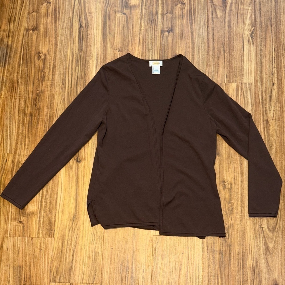 Talbots women’s large 12 14 cardigan top Chocolate Brown Knit open front stretch
